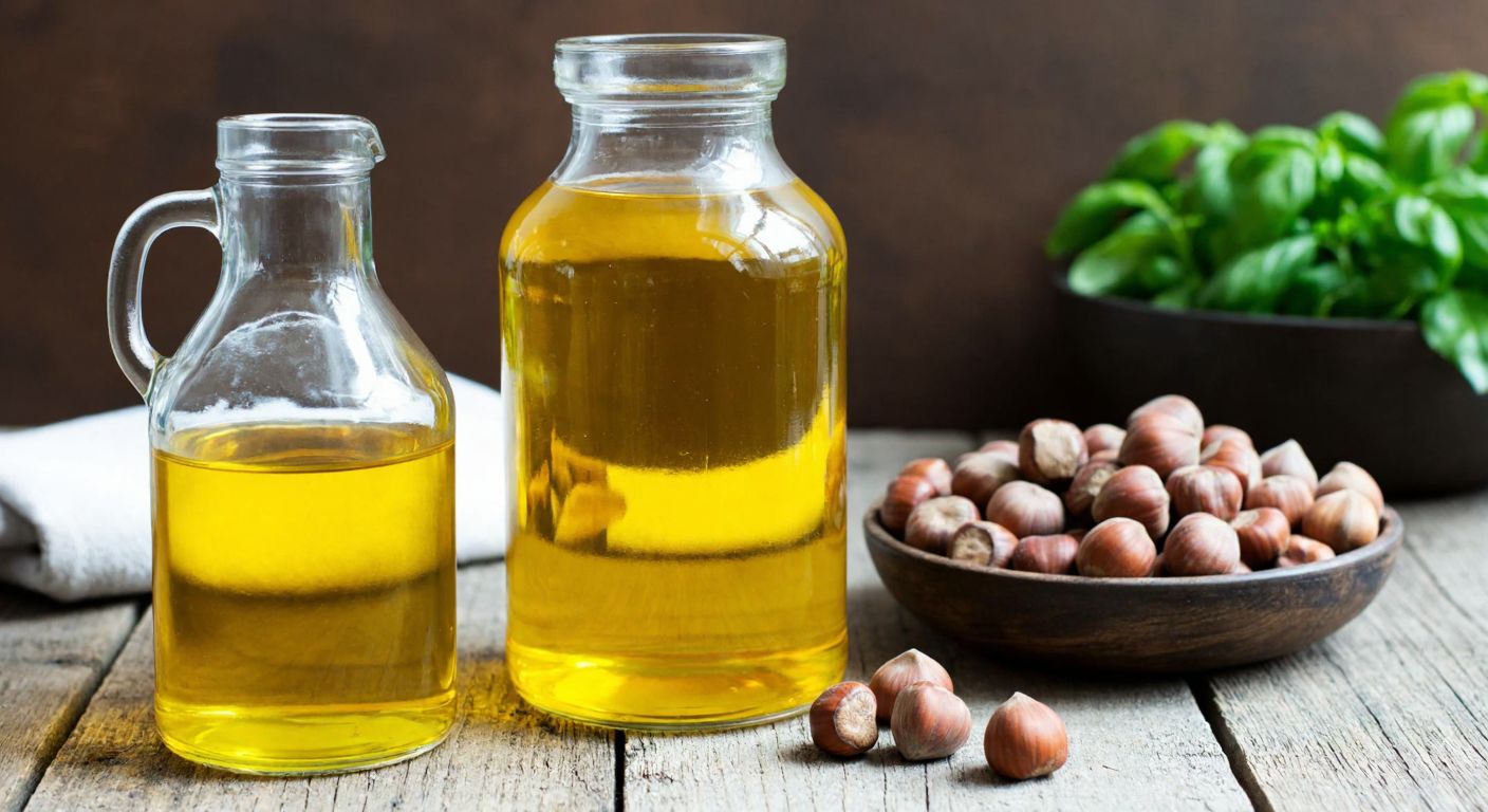 A rustic wooden table in a Turkish kitchen holds two containers side by side—a clear glass bottle and a sturdy plastic jug—both filled with golden hazelnut oil, with a bowl of fresh hazelnuts nearby.