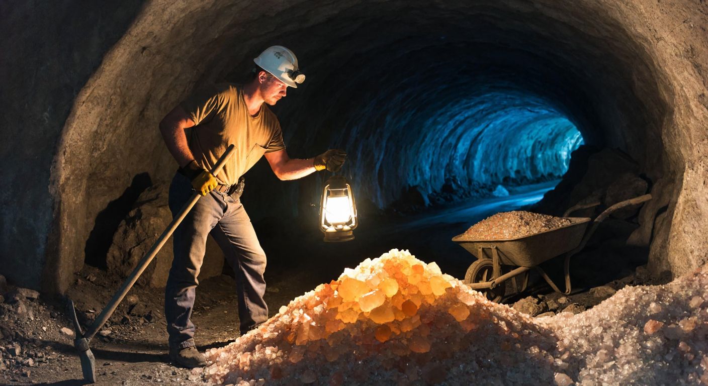 A rugged miner in a dimly lit underground tunnel holds a glowing lantern over a pile of multicolored, translucent salt crystals, with a wheelbarrow and pickaxe nearby.