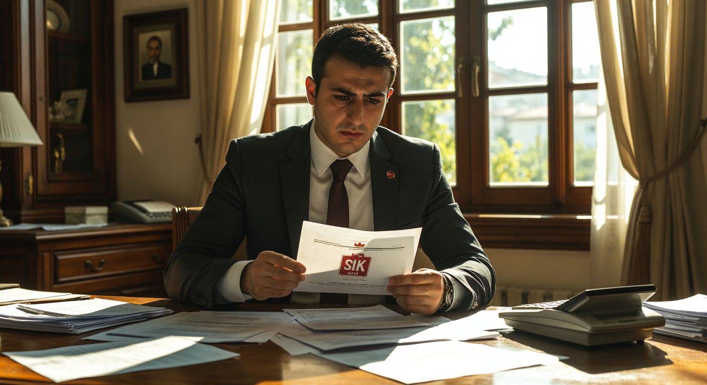 A Turkish man in a formal suit sits at a wooden desk with scattered papers and a calculator, looking concerned while holding a document stamped with the SGK logo, as sunlight streams through a window behind him.
