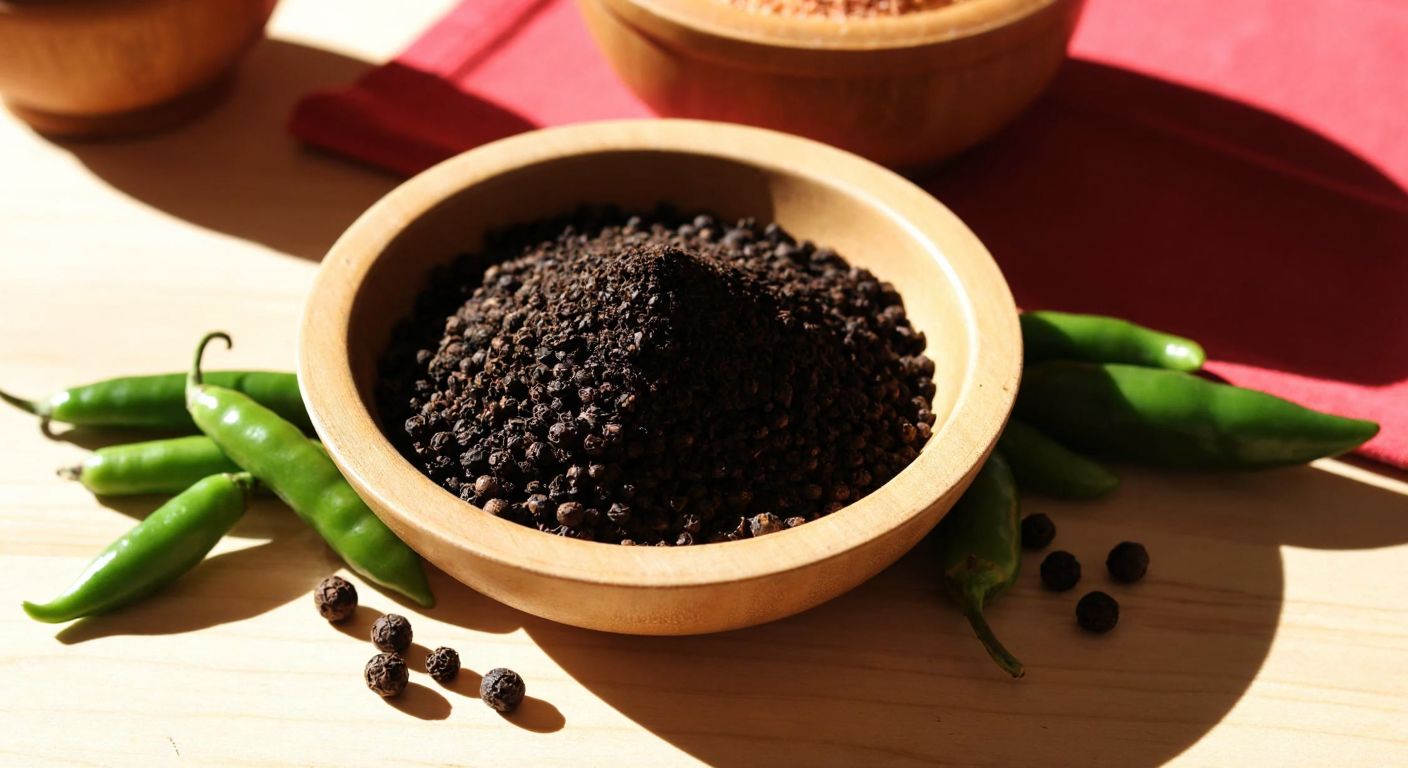 A rustic wooden bowl filled with freshly ground black pepper, surrounded by whole peppercorns and a few sprigs of green pepper vines, resting on a sunlit kitchen counter in a Turkish home.