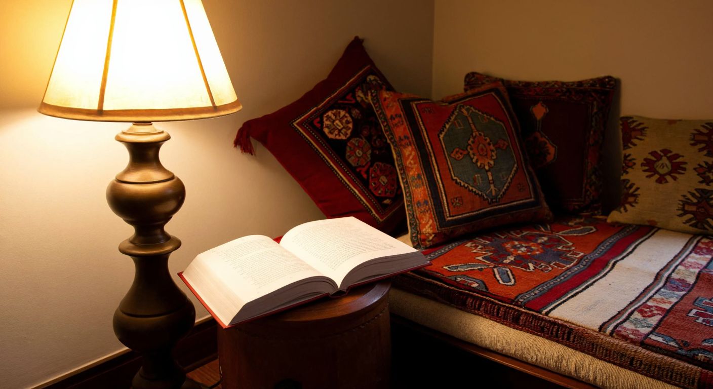 A cozy Turkish reading nook with a warm-toned floor lamp casting soft light on an open book resting on a wooden side table, surrounded by plush cushions and a traditional kilim rug.