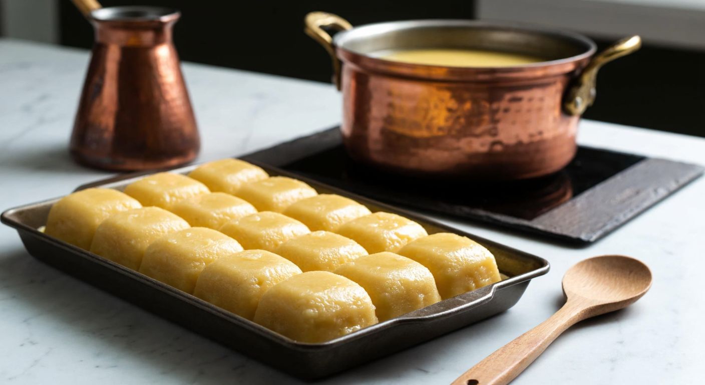 A warm, golden-brown tray of freshly made *saray helvası* sits on a marble countertop, its smooth surface glistening with melted butter, while a wooden spoon rests beside it, and a traditional Turkish copper pot simmers gently on a low flame in the background.