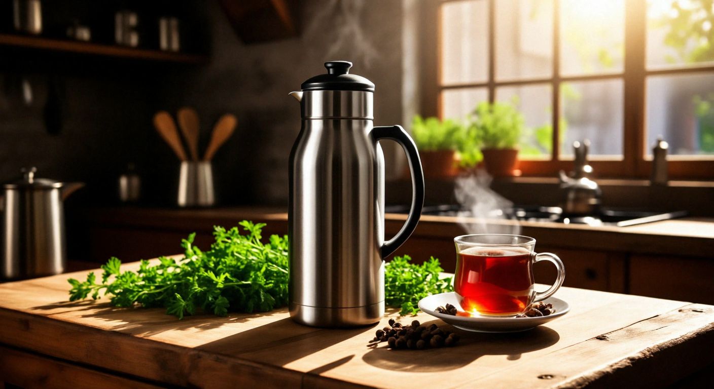 A gleaming stainless steel thermos sits on a rustic wooden table in a sunlit Turkish kitchen, surrounded by fresh herbs and a steaming cup of çay, symbolizing durability and warmth.