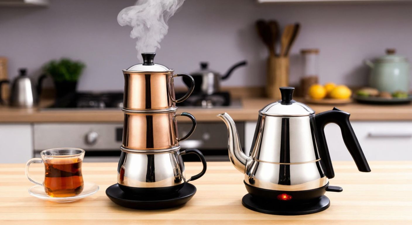 A traditional Turkish çaydanlık with steam rising from its stacked pots sits beside a sleek modern kettle on a wooden table, with a glass of amber tea and a cozy kitchen backdrop.