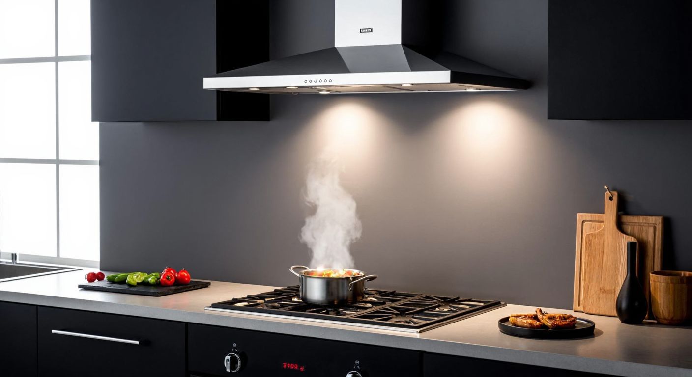 A sleek stainless steel range hood (45-60 cm wide) mounted above a modern Turkish kitchen stove, with a pot of simmering food below and warm steam rising toward the extractor.