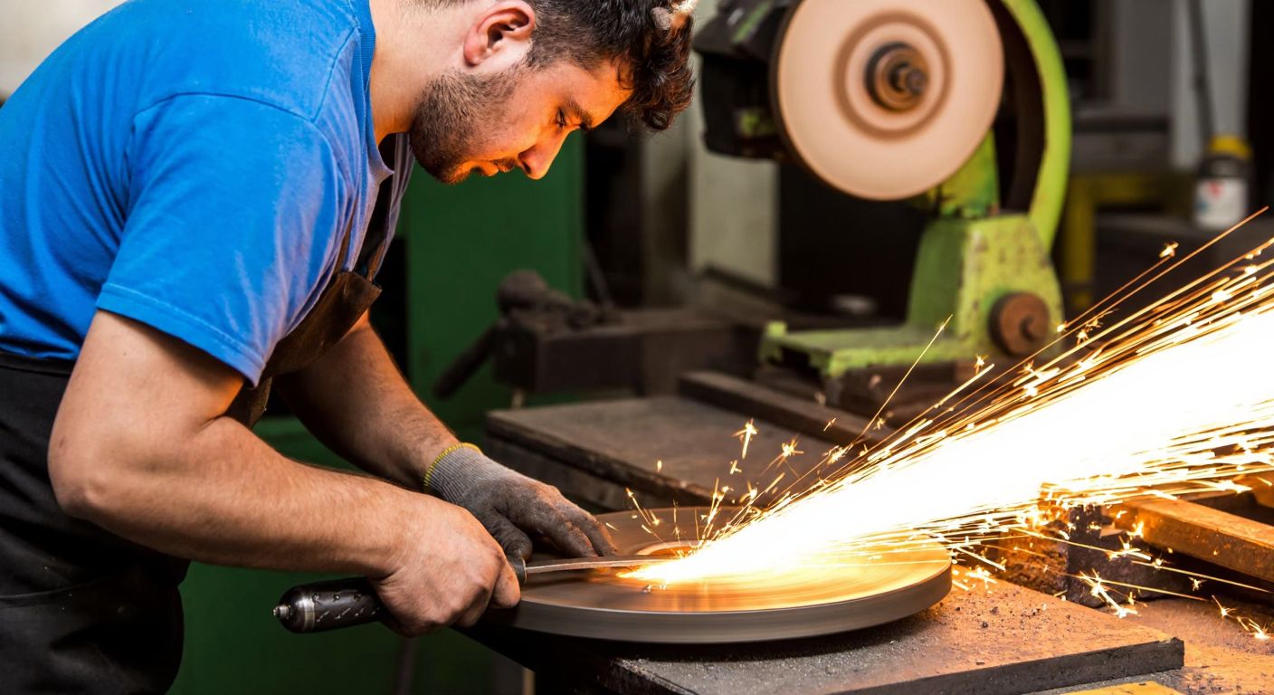 A Turkish worker in a workshop carefully uses a metal file to smooth the rough edges of a freshly cut steel part, with sparks flying from a grinding wheel in the background.