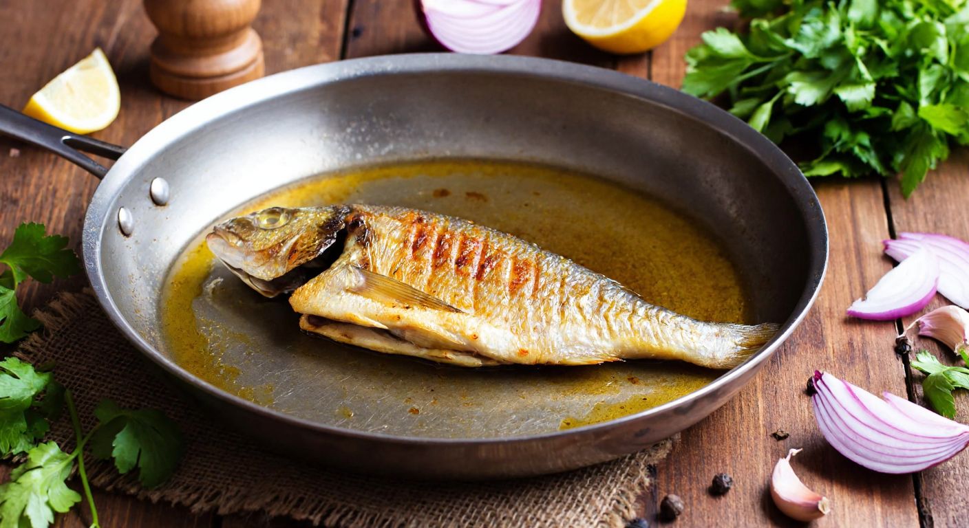 A golden-brown mullet sizzling in a pan with olive oil, surrounded by fresh herbs, lemon slices, and chopped onions on a rustic wooden table in a Turkish kitchen.