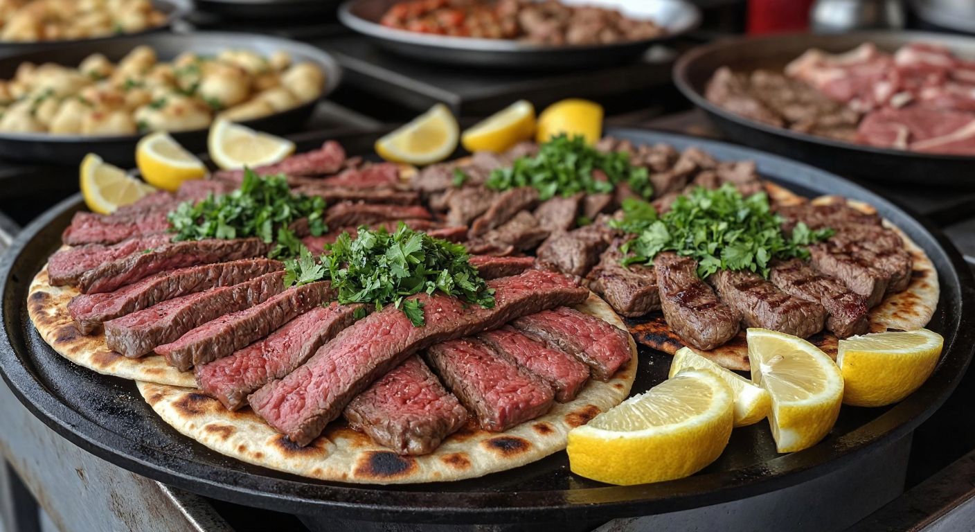 A sizzling iron griddle holds two piles of thinly sliced beef—one with premium steak cuts (yaprak tantuni) and the other with mixed meat pieces (et tantuni)—surrounded by fresh herbs, lemon wedges, and warm lavash bread in a bustling Turkish street food stall.