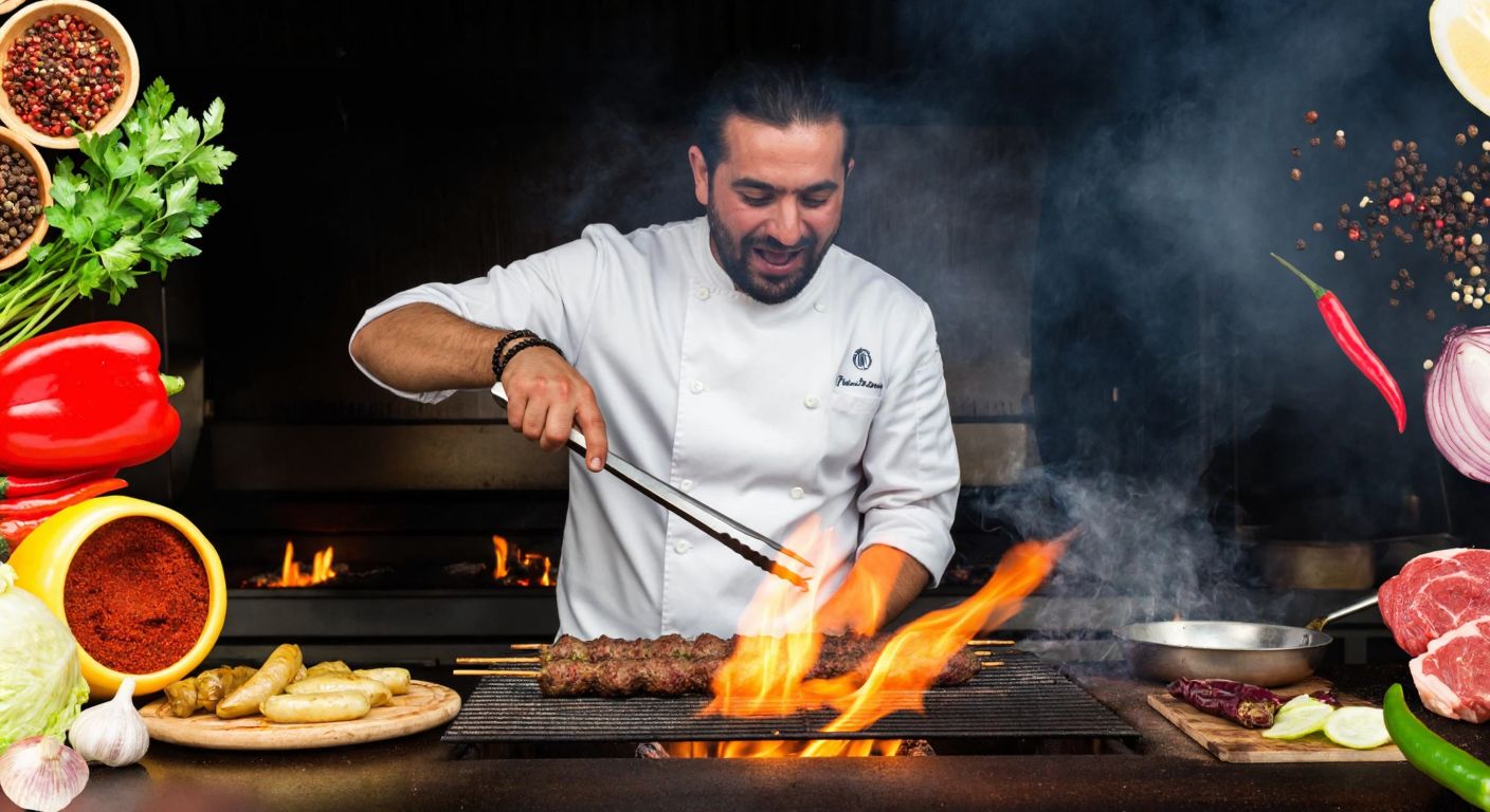 A Turkish chef in a white apron grilling kebabs on a sizzling open flame, surrounded by vibrant spices and fresh ingredients, with a focused and passionate expression.