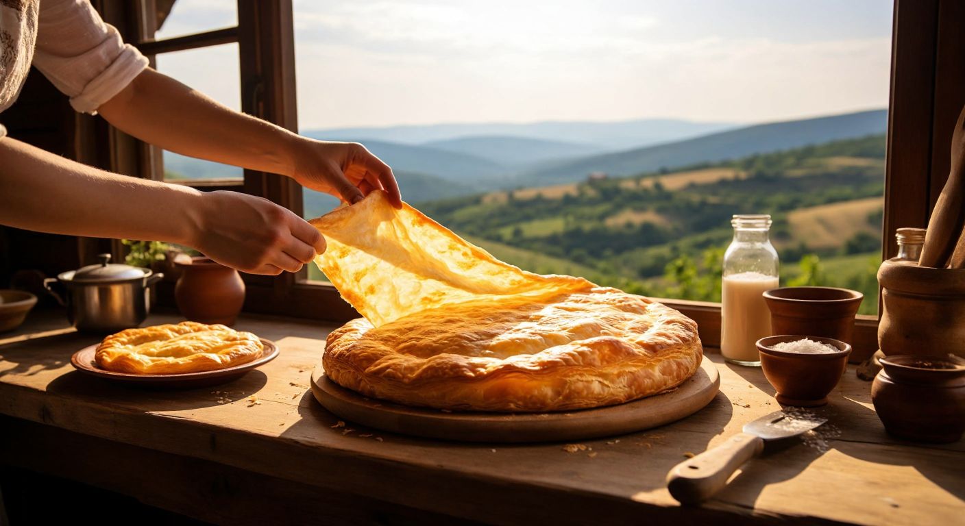 A golden, flaky pastry being stretched by hands over a rustic wooden table in a sunlit Thracian village kitchen, with rolling hills visible through the window.