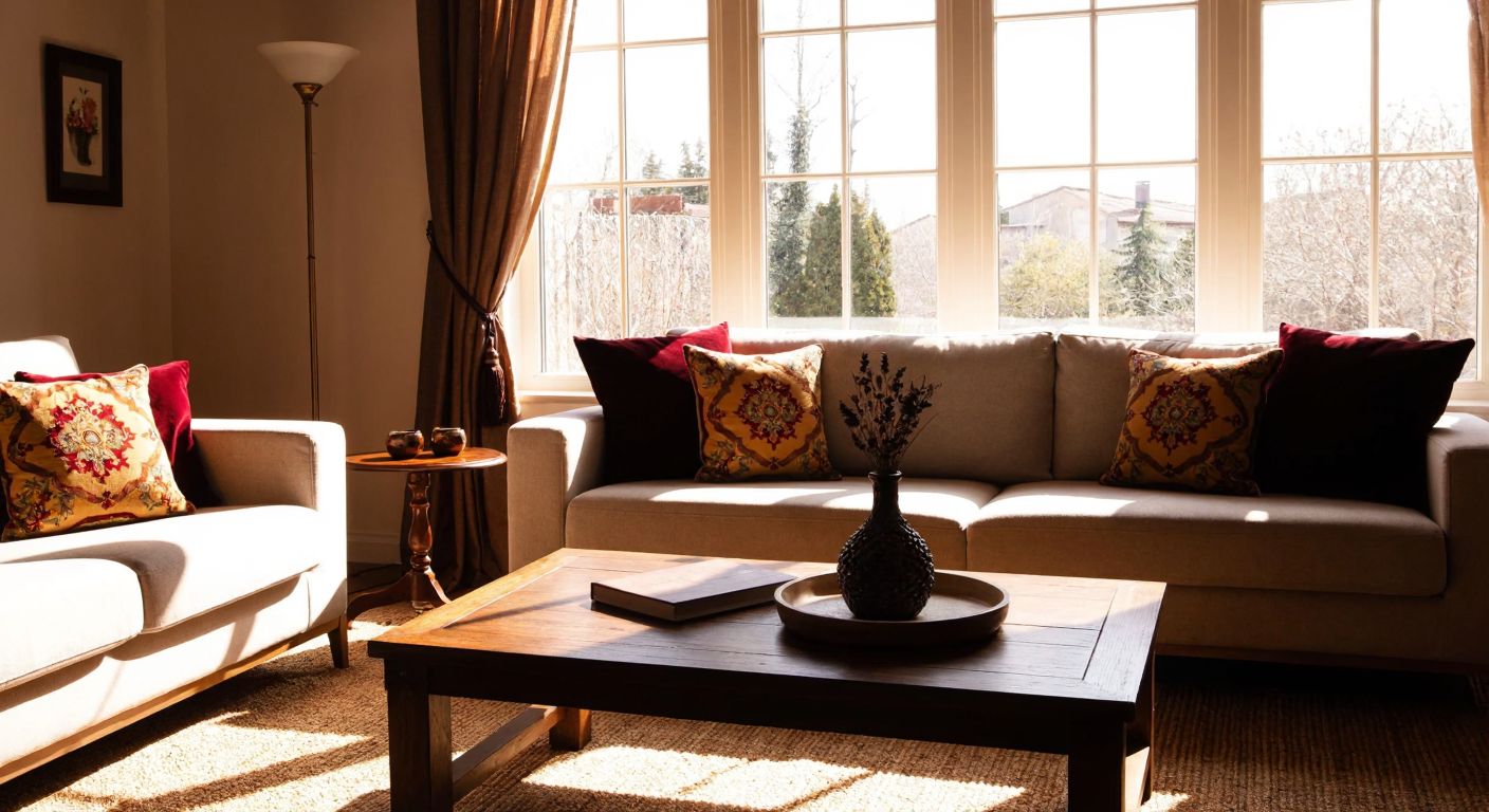 A cozy Turkish living room with Enc Home-branded decorative pillows and a vase on a wooden coffee table, bathed in warm sunlight from a large window.
