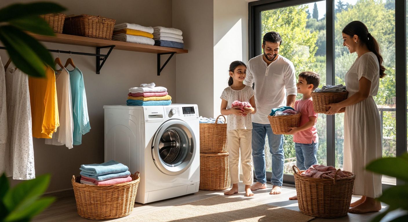 A modern white washing machine sits in a sunlit Turkish laundry room, surrounded by neatly folded colorful clothes, while a smiling family of four—parents and two children—stands nearby, holding laundry baskets.