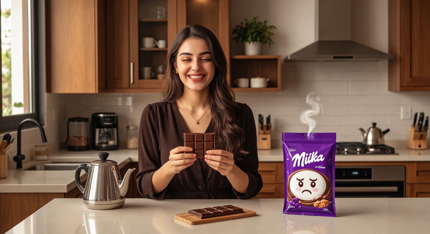 A Turkish woman in a modern kitchen holds a Milka chocolate bar with a relieved smile, while an Eti-branded package sits on the counter with a small frowning face drawn in steam rising from a nearby çay kettle.