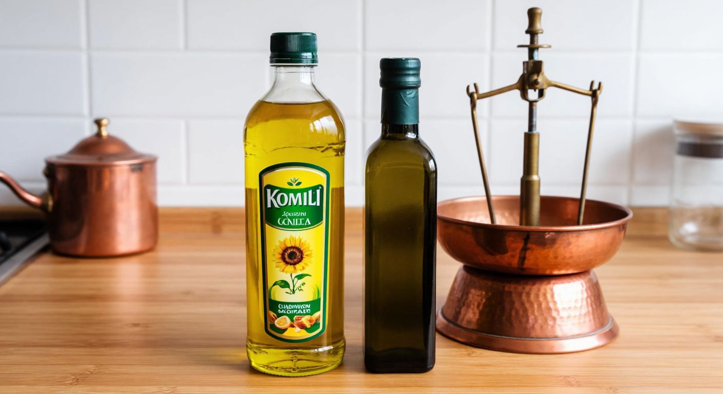 A clear glass bottle labeled "Komili" filled with golden sunflower oil and a smaller bottle of rich green olive oil, both placed on a wooden kitchen counter in Turkey with a traditional copper scale beside them.