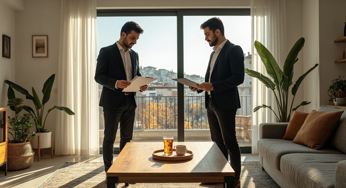 A confident real estate agent in a sleek suit and a potential buyer in casual attire stand in a sunlit Turkish apartment, reviewing documents while exchanging calm, strategic glances over a glass of çay on a low wooden table.