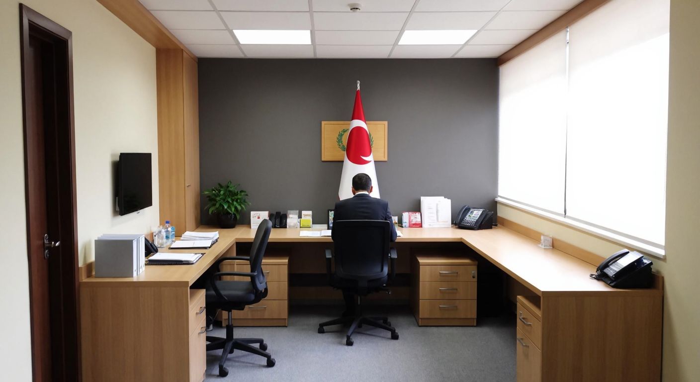 A neatly organized Turkish government office with three distinct workspaces: a small 6 m² area with a standing desk, a medium 9 m² cubicle with a seated worker, and a spacious 12 m² corner office with a manager reviewing documents.