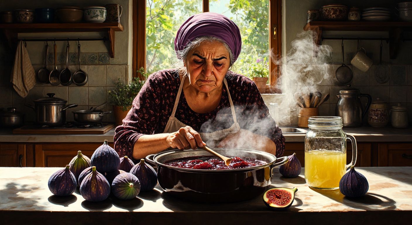 A Turkish grandmother in a sunlit kitchen frowns at a bubbling pot of fig jam, surrounded by fresh figs, a wooden spoon, and a jar of lemon juice, while steam rises with a faint bitter aroma.