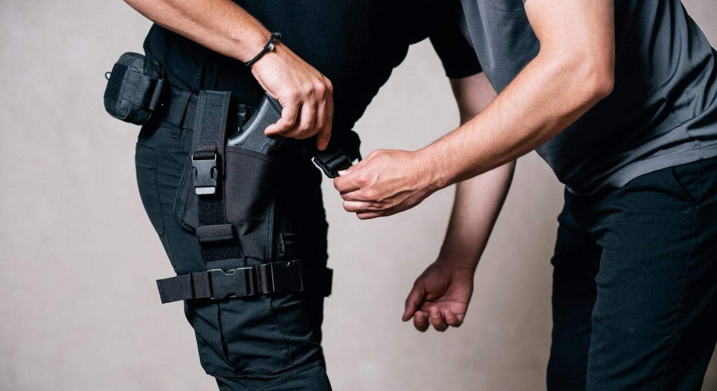 A person in tactical gear carefully adjusting a black leg holster around their thigh, with a focused expression, standing in a neutral indoor setting.