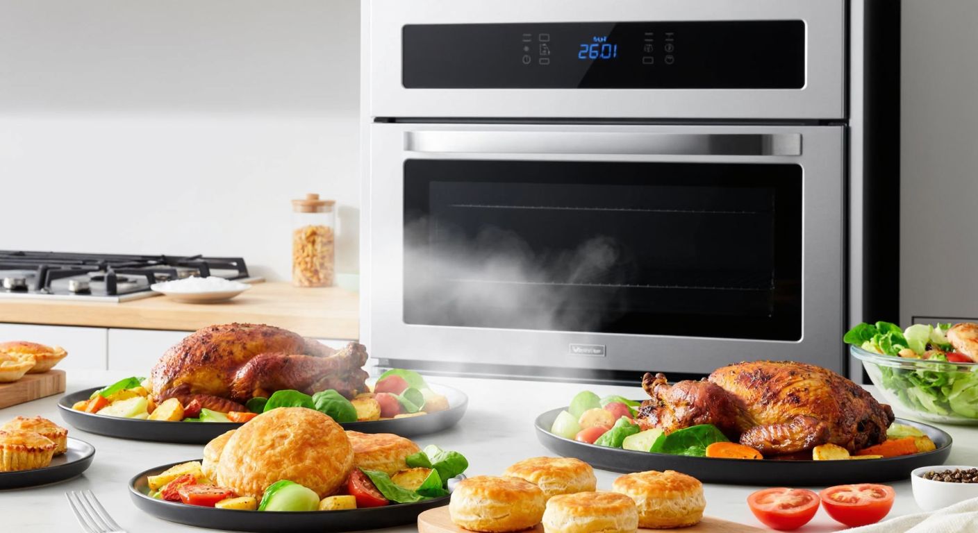 A modern kitchen with a sleek steam-assisted oven emitting gentle vapor, surrounded by vibrant dishes like golden-brown pastries, juicy roasted meats, and colorful steamed vegetables, evoking freshness and health.