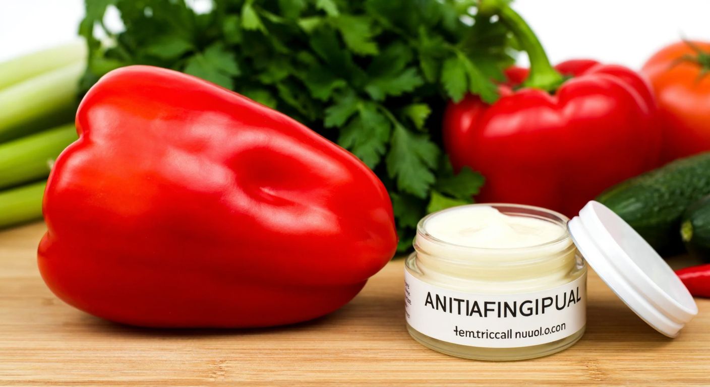 A vibrant red Manzano pepper resting on a wooden cutting board next to a small jar of antifungal cream, with fresh herbs and sliced vegetables in the background.
