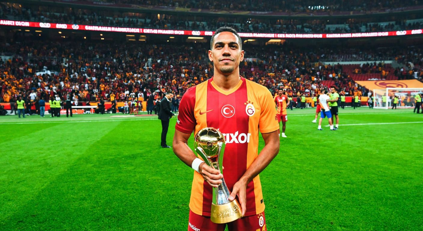 A confident South American footballer in a Galatasaray jersey stands on a lush green pitch, holding a golden trophy while surrounded by cheering fans in a vibrant Istanbul stadium.