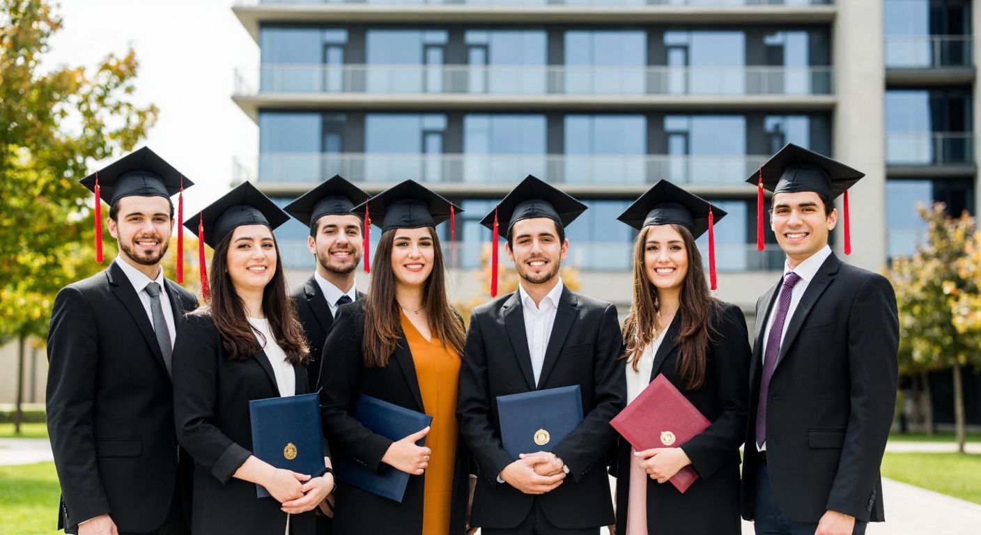 A diverse group of young Turkish graduates in formal attire, smiling confidently while standing in front of a modern university building, holding diplomas and looking toward a bright future.