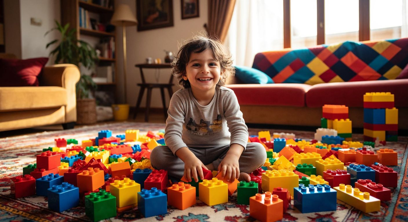 A smiling child in a cozy Turkish home, sitting on a colorful rug surrounded by 130 large, bright Lego blocks scattered around them.