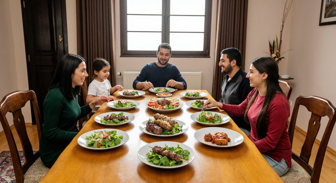 A long, narrow wooden dining table in a cozy Turkish home, set with four plates of steaming kebabs and fresh salads, surrounded by four cushioned chairs where a smiling family prepares to eat together.