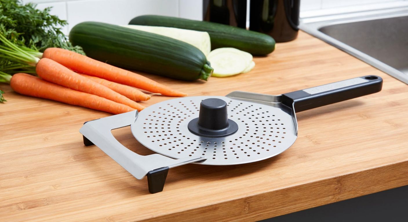 A stainless steel grating disc from a Eurodib vegetable cutter, resting on a wooden kitchen counter with fresh carrots and cucumbers nearby, ready to be sliced.