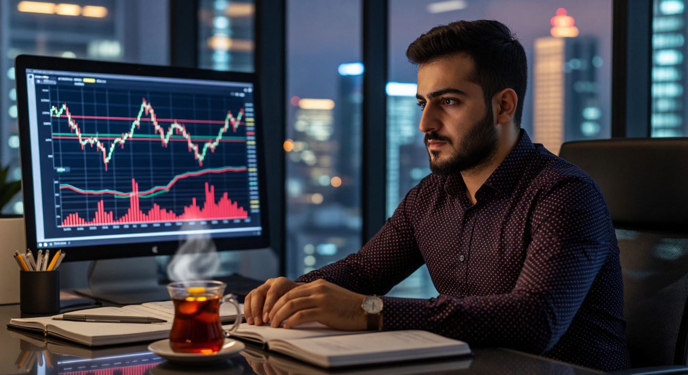 A focused Turkish investor in a modern office gazes at a glowing computer screen displaying colorful financial charts, surrounded by open notebooks and a steaming cup of Turkish tea.