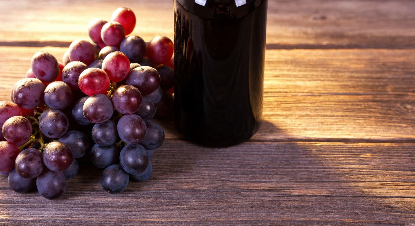 A dark glass bottle of balsamic vinegar resting on a rustic wooden table beside a cluster of ripe purple grapes, with a warm golden light casting soft shadows.