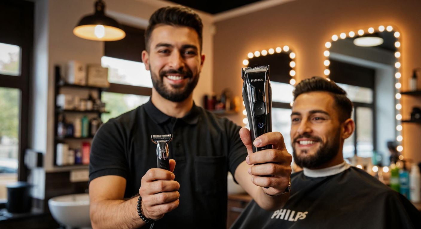 A confident Turkish barber in a well-lit salon holds up a sleek Philips Multigroom trimmer while a satisfied customer smiles in the chair, surrounded by grooming tools and warm lighting.