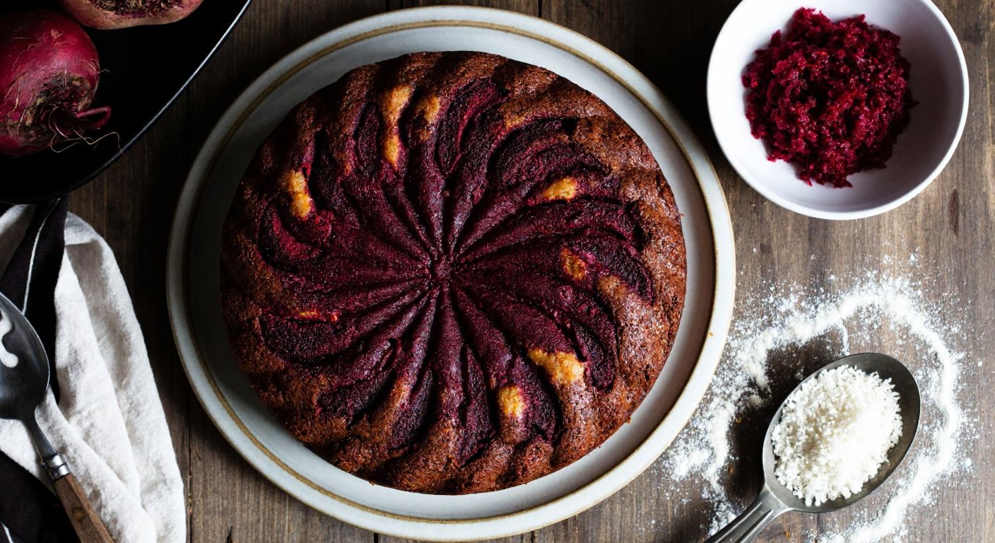 A rustic Turkish kitchen with a freshly baked beetroot cake on a wooden table, its deep red hue contrasting against golden-brown edges, surrounded by scattered flour and a bowl of grated beets.