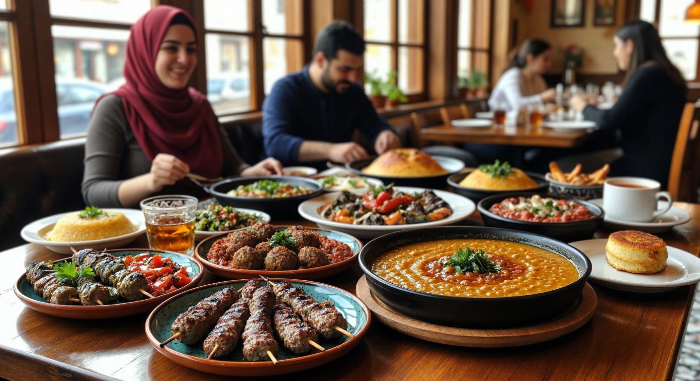 A warm, bustling Kocaeli restaurant table laden with steaming lentil soup, grilled kebabs, colorful meze plates, and a golden höşmerim dessert, surrounded by happy diners and the aroma of freshly brewed Turkish tea.