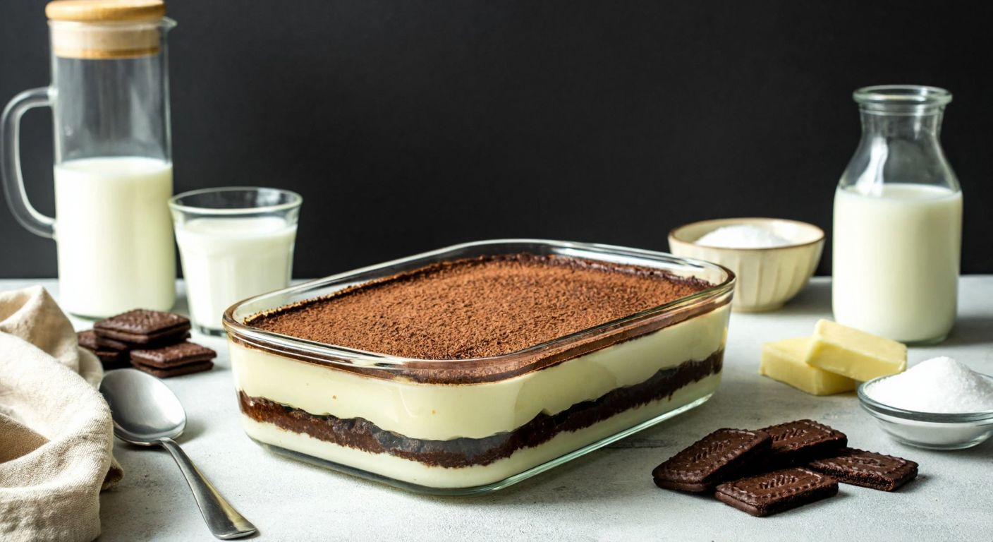 A Turkish kitchen countertop with a glass borcam dish layered with creamy vanilla pudding and chocolate biscuits, surrounded by ingredients like milk, sugar, and butter, evoking warmth and simplicity.