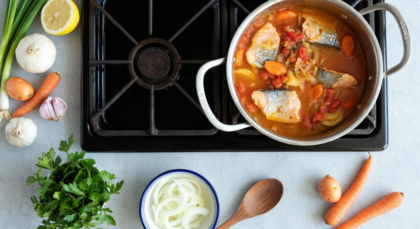 A rustic Turkish kitchen with a steaming pot of fennel-infused fish stew on a stovetop, surrounded by fresh ingredients like chopped onions, carrots, garlic, and lemon slices, with a wooden spoon resting beside it.