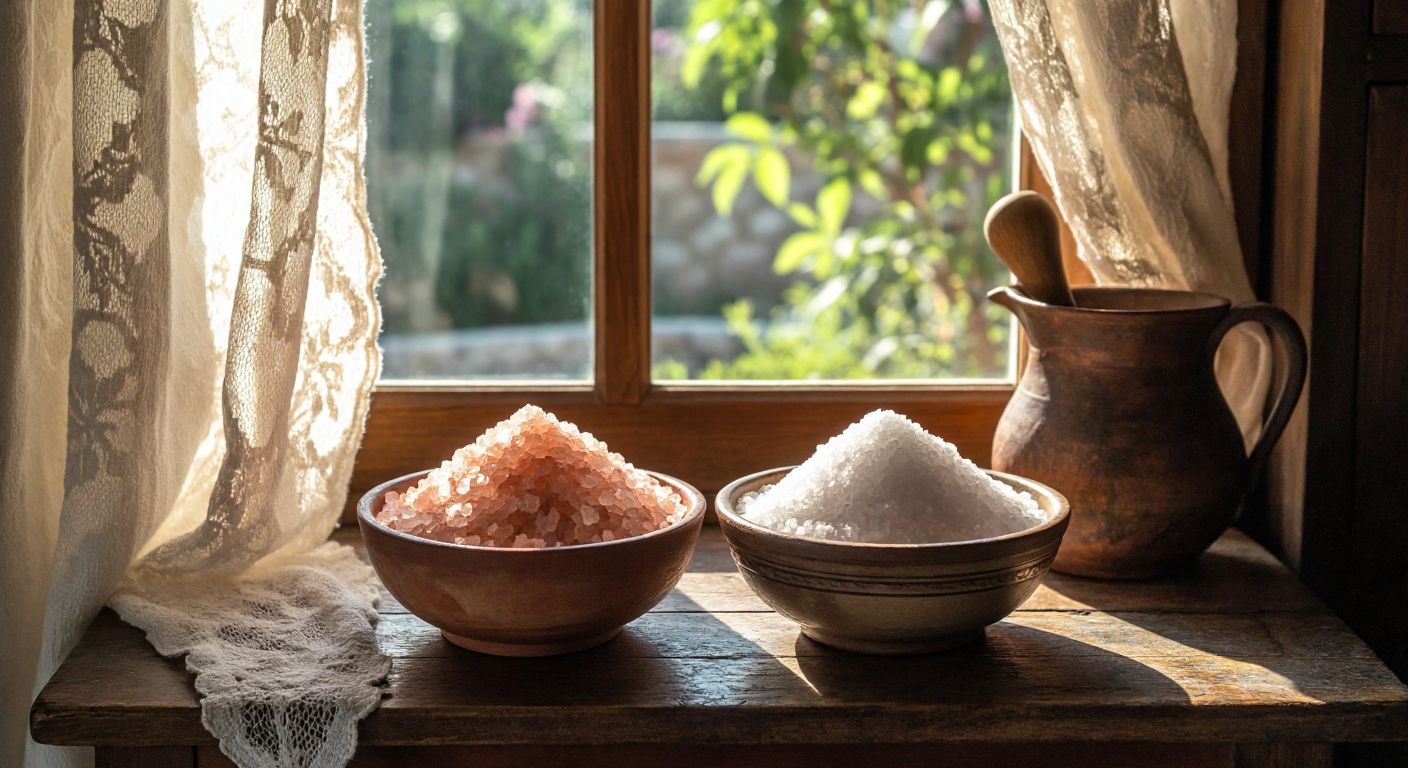 A rustic wooden table in a Turkish kitchen holds two small bowls—one filled with coarse pink Himalayan salt crystals and the other with white crystalline rock salt, bathed in warm sunlight filtering through lace curtains.