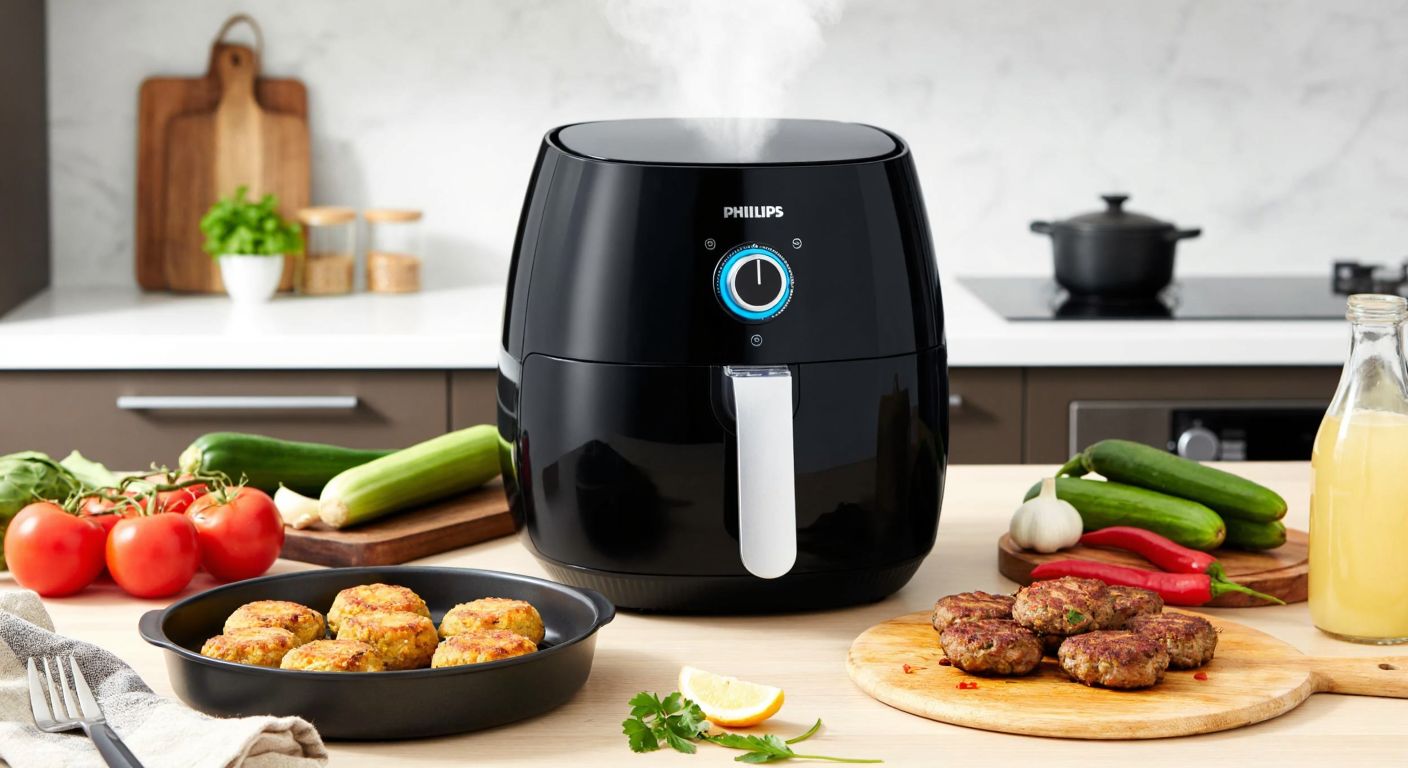 A modern Philips Airfryer XXL sits on a Turkish kitchen counter, surrounded by fresh vegetables and golden-brown köfte, with steam rising from the crispy, oil-free dish.