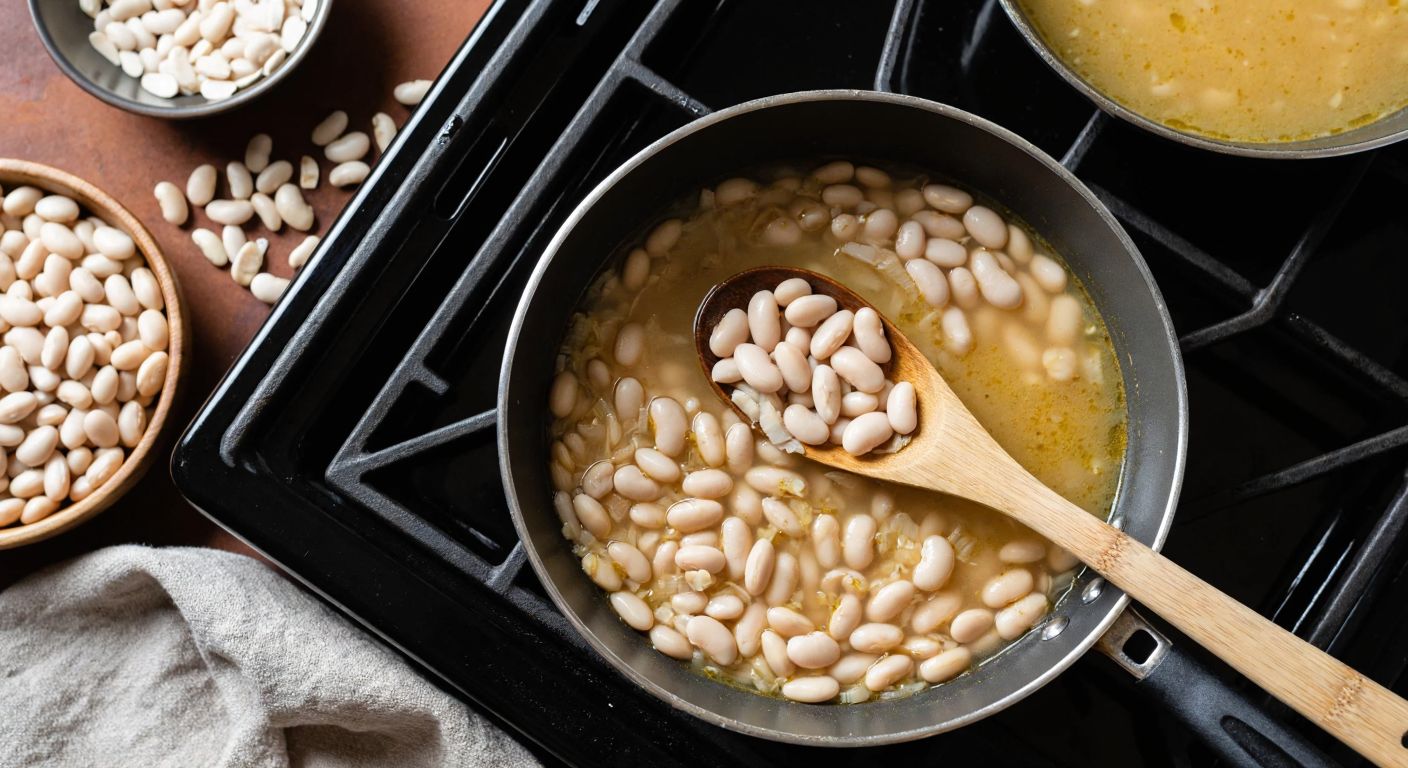 A bubbling pot of Turkish white beans on a stove, with split bean skins floating in the golden broth, surrounded by scattered dry beans and a wooden spoon resting on the edge.