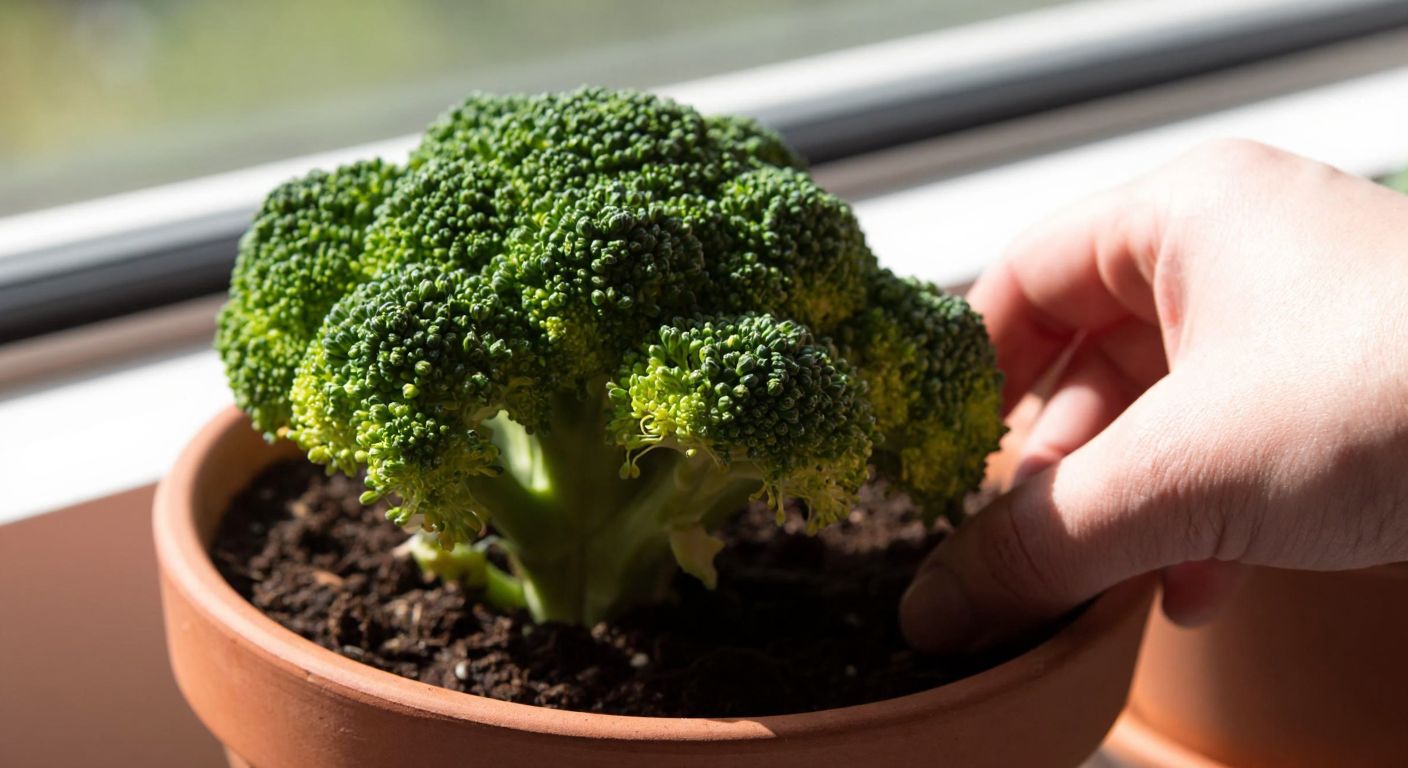 A close-up of vibrant green broccoli florets growing in a small clay pot on a sunny windowsill, with soil-covered hands gently tending to the plant.