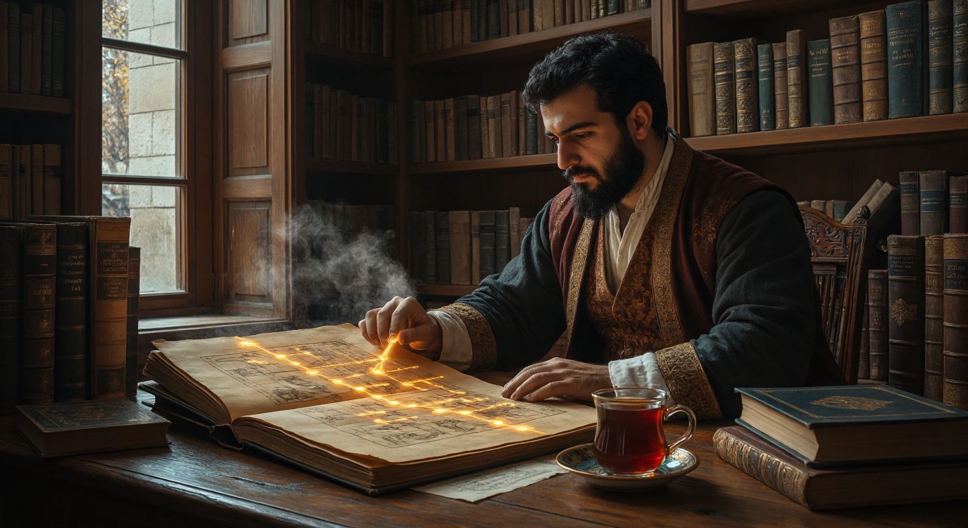 A Turkish scholar in a cozy library gazes thoughtfully at a glowing timeline chart on parchment, surrounded by antique books and a steaming cup of çay.