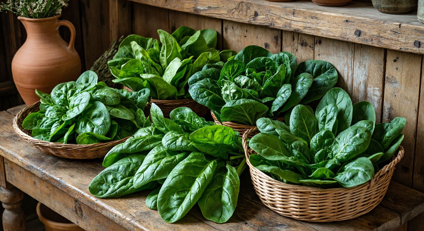 A rustic wooden table in a Turkish kitchen displays a vibrant assortment of fresh spinach varieties—Savoy with large crinkled leaves, flat-leaf with broad smooth leaves, baby spinach with delicate small leaves, and striped-leaf with white veins—arranged neatly beside a woven basket and a clay pot.