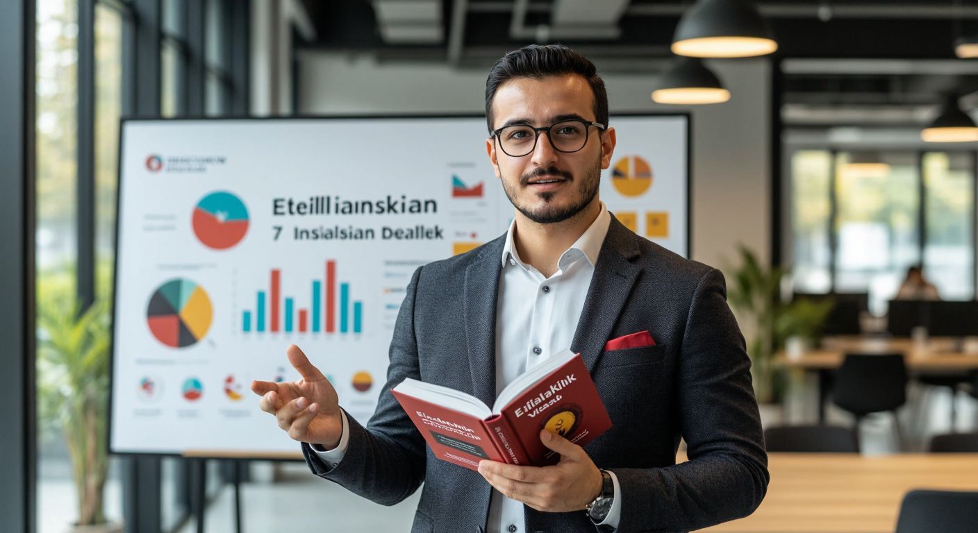 A determined Turkish professional in a modern office setting, holding a book titled *"Etkili İnsanların 7 Alışkanlığı"* while confidently gesturing toward a vision board displaying abstract representations of growth, teamwork, and balance.  

(Note: The book title is implied by context, not visually depicted as text.)
