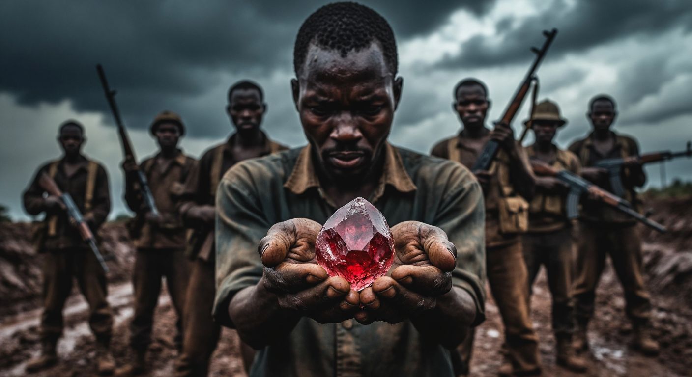 A somber African mine worker with dirt-streaked hands holding a rough, blood-red diamond, surrounded by shadowy figures holding rifles, under a stormy sky.