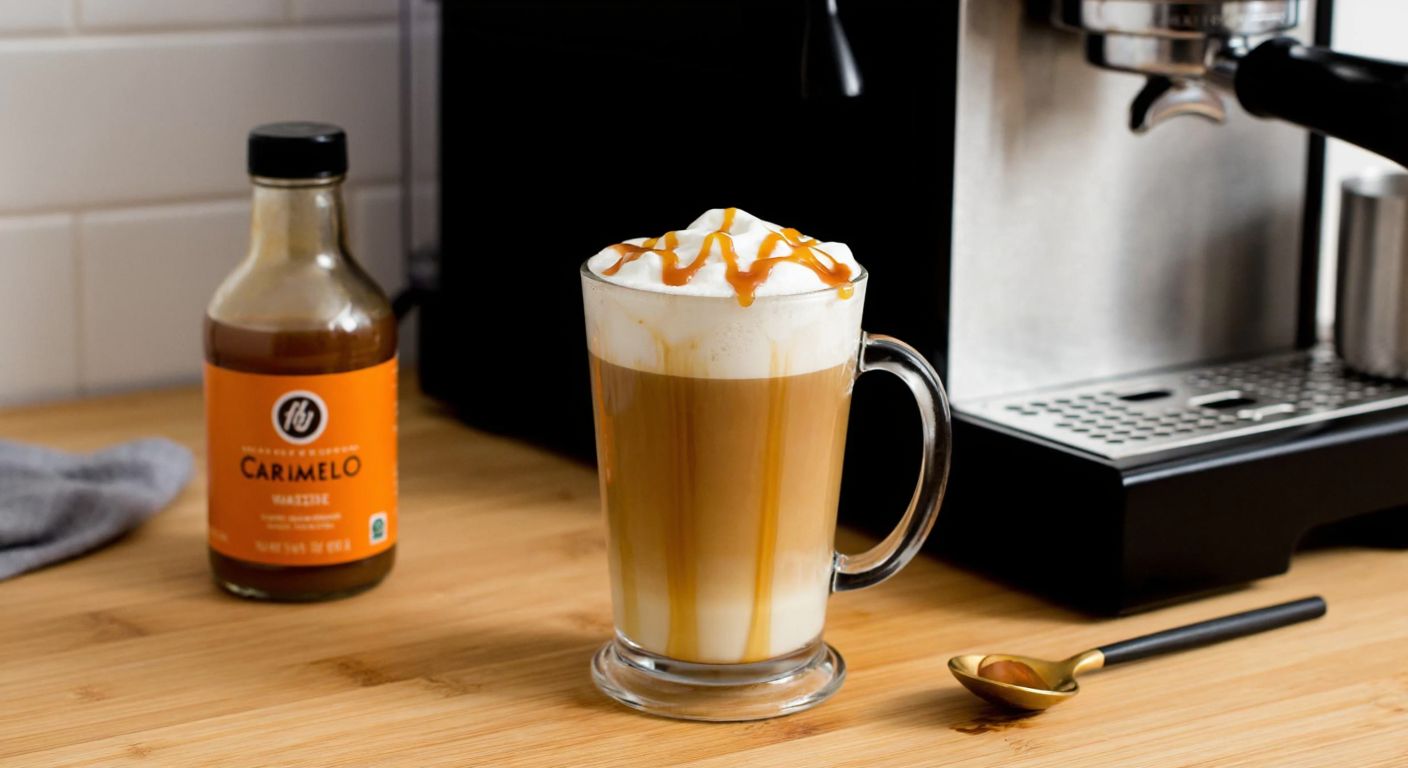 A warm caramel macchiato in a clear glass mug, topped with frothy milk and drizzled with caramel sauce, sits on a wooden kitchen counter next to an espresso machine and a small bottle of vanilla syrup.