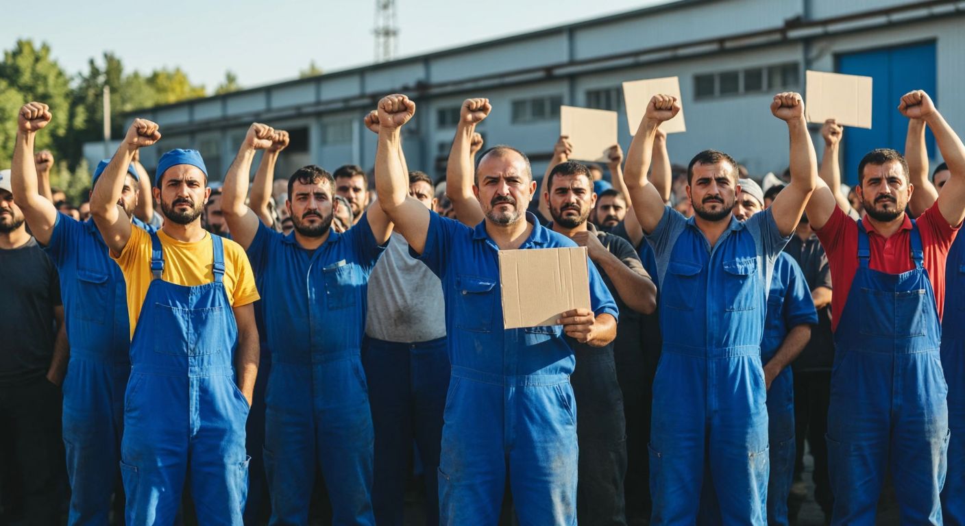 A group of determined Turkish factory workers in blue overalls stand together in front of an industrial building, holding protest signs with clenched fists, their faces showing resilience and unity under the warm sunlight.