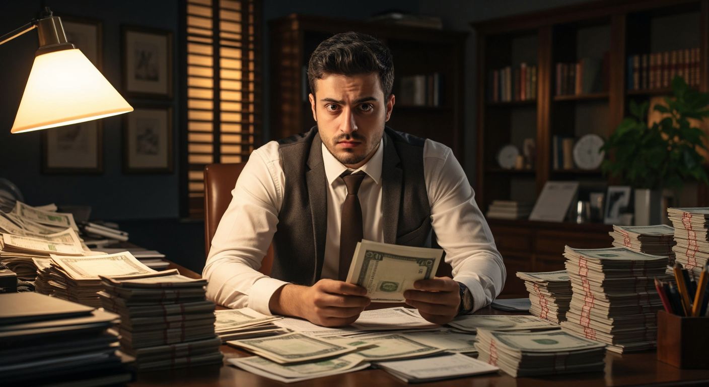 A focused Turkish accountant in a tidy office, comparing stacks of cash and inventory lists with a slightly concerned expression, under warm lighting.