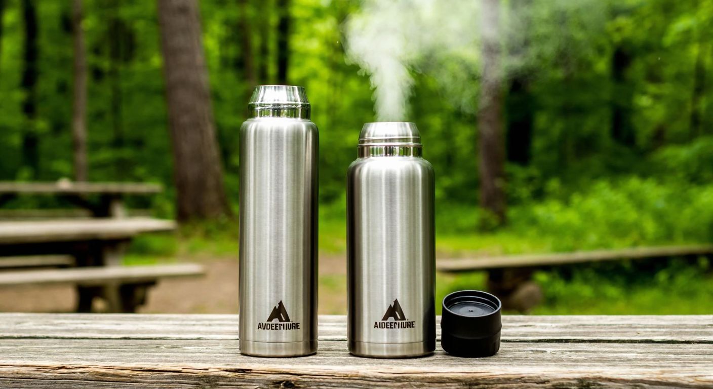 Two stainless steel thermoses—one tall and wide (Adventure) and one short and compact (Switchback)—placed side by side on a rustic wooden picnic table in a lush green forest, with steam rising from the taller one and condensation on the smaller one.