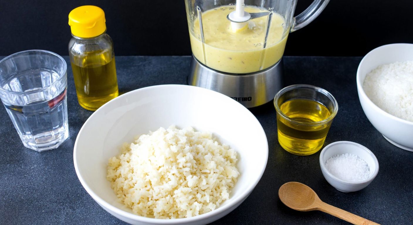 A Turkish kitchen counter with a bowl of soaked rice, a small bottle of olive oil, a glass of water, and a teaspoon of salt, next to a blender ready to mix the ingredients into a smooth batter.