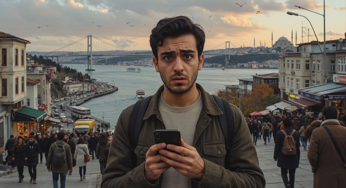 A concerned person in Istanbul holds a ringing phone with a skeptical expression, standing near a bustling street with a distant view of the Bosphorus Bridge.